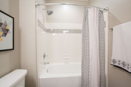Beautiful tiled bath with accesnt tile in gray