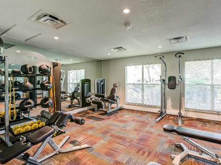 Resident fitness center with weights and large windows.