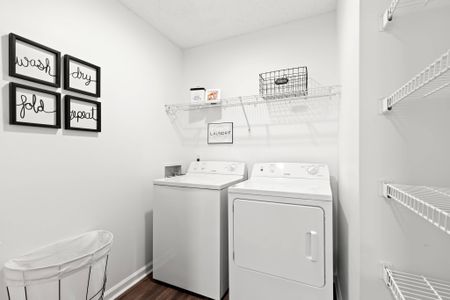 Laundry room with storage space in an apartment near Dunedin, FL.
