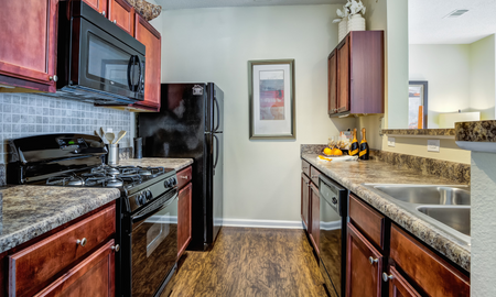 Model kitchen at our apartments in Nashville, featuring dark granite patterned counter and wood grain floor paneling.