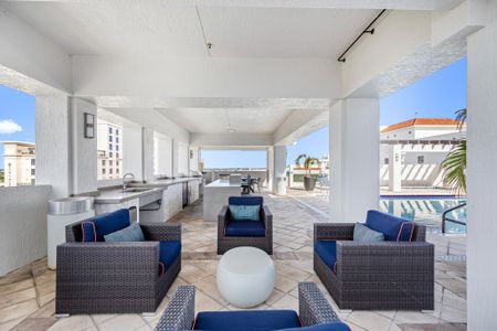 Resort-style pool with a covered patio at Boca Raton rental community.