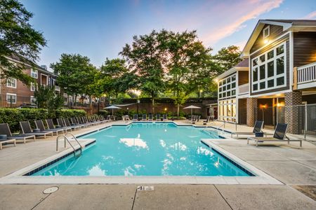 The pool area at our apartments for rent in Owings Mills, MD, featuring beach chairs, umbrellas, and trees.