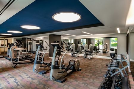 The fitness center at our apartments for rent in McLean, featuring carpeted flooring and assorted exercise machines.