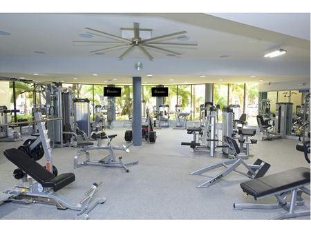 Fontainebleau Milton Apartments, interior, fitness center, weight machines, large windows