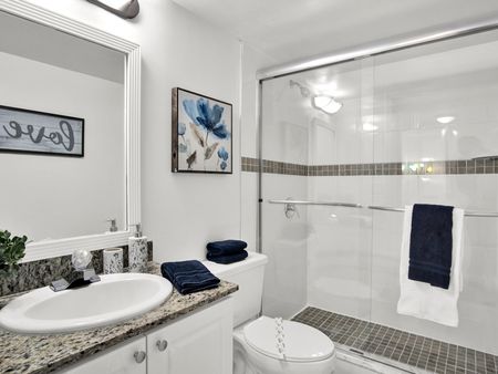 Model Unit 119 - Bathroom with Granite Countertops and Glass Shower Enclosures