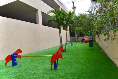 Country Club Towers, exterior, enclosed dog park, trees, grass, toys