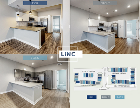 LINC III - collage of floor plans, kitchens with 3 different countertops  LINC at Gray's Station apartments