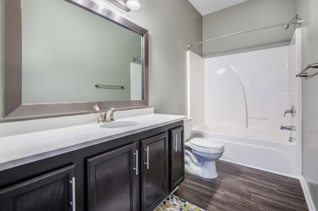 bathroom with dark cabinetry and wood look flooring