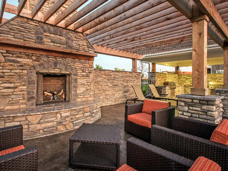 Outdoor patio with seating.
