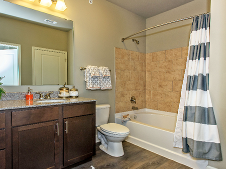 Bathroom with vanity, toilet, and tub/shower with curtain.