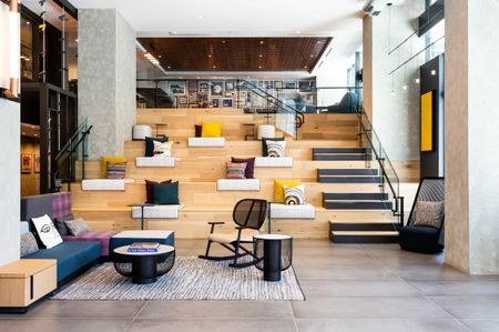 Relax or Work in The Nats Park Stadium-Inspired Seating in the Phase I Lobby | Meridian on First | Navy Yard Apartments | Washington DC Apartments