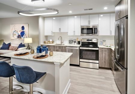 Expansive Kitchens With Quartz Countertops, Two-Tone Cabinetry, Energy Efficient Stainless Steel Appliances, Islands and Wood-Style Flooring | Meridian on First | Navy Yard Apartments | Washington DC Apartments