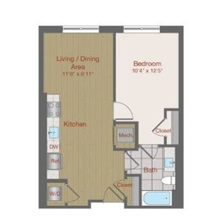 Image of 1E One Bedroom Floor Plan | Ovation at Arrowbrook | Herndon Affordable Apartments