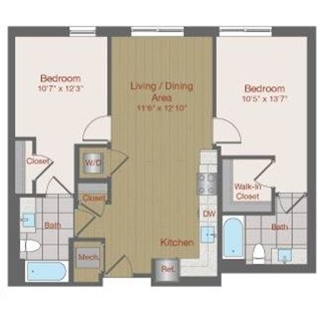 Image of 2E Two Bedroom Floor Plan | Ovation at Arrowbrook | Herndon Affordable Apartments
