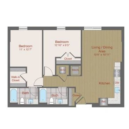 Image of 2P Two Bedroom Floor Plan | Ovation at Arrowbrook | Herndon Affordable Apartments