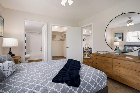 Model apartment primary bedroom