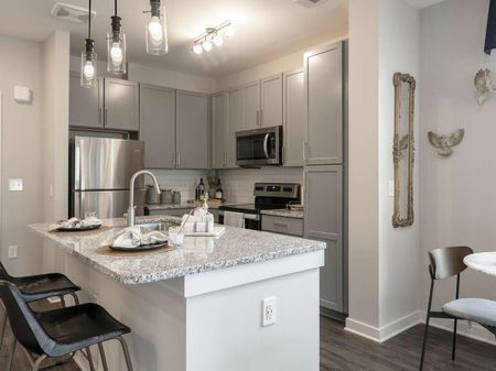 Nashville TN Apartments for Rent - The Sound at Pennington Bend - A Bright And Modern Kitchen With A Kitchen Island And Bar Seating. Light Grey Cabinetry, Stainless Steel Appliances, Granite Countertops, And Wood Style Flooring