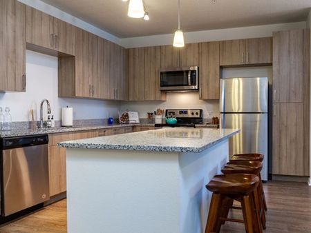 m2 at millenia island kitchen with stainless steel appliances, light wood cabinetry and island with seating