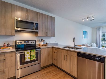 m2 at millenia kitchen view with stainless steel appliances, light wood grain cabinets, light granite counters and eat in kitchen bar