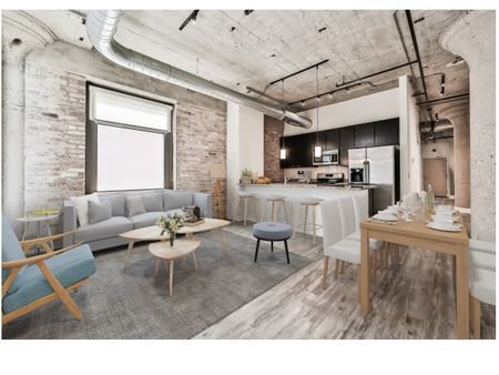 Kitchen and dining area with historic loft feel