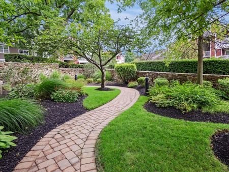 Property landscaping, including stone walkway surrounded by trees and foliage.