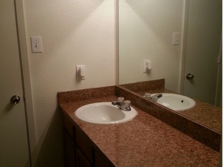 Bathroom with Faux Granite Countertop and Oversized Mirror