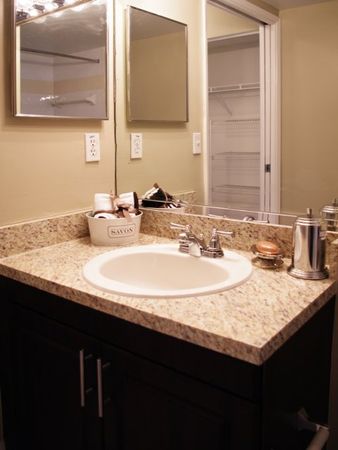 View of bathroom sink with granite countertops and large mirror, porcelain sink, mirrored medicine cabinet and closet with built-in shelves