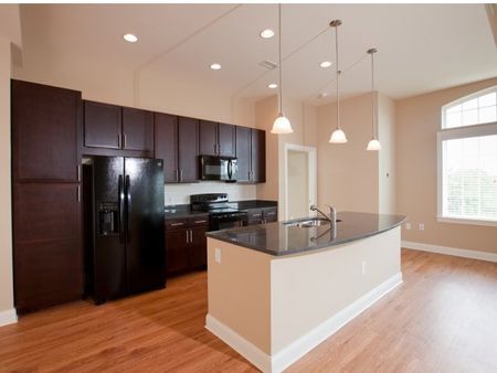 Modern kitchen with beautiful dark cabinetry and sleek lighting | The Rocca Apartments in Atlanta, GA