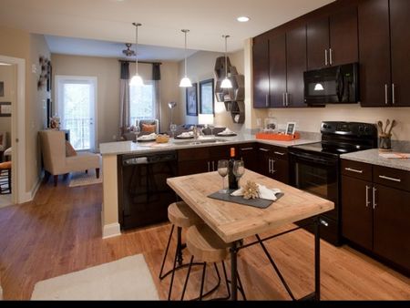 Modern kitchen with beautiful dark cabinetry  | The Rocca Apartments in Atlanta, GA