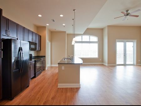 Contemporary kitchen with beautiful dark cabinetry and sleek lighting | The Rocca Apartments in Atlanta, GA