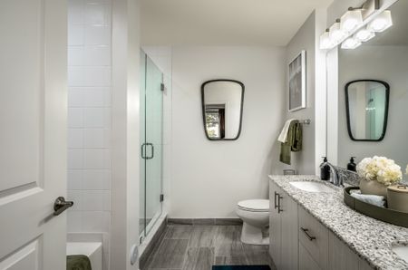 Main bathroom with porcelain tile flooring, granite countertop with two undermounted sinks, stainless steel fixtures, one large mirror with lighting above each sink, a toilet, and a walk-in shower with a glass door