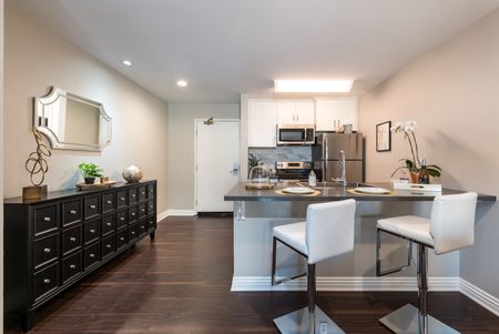 kitchen with stainless steel appliances and wood-inspired plank flooring and quartz countertops and large black console at the warwick