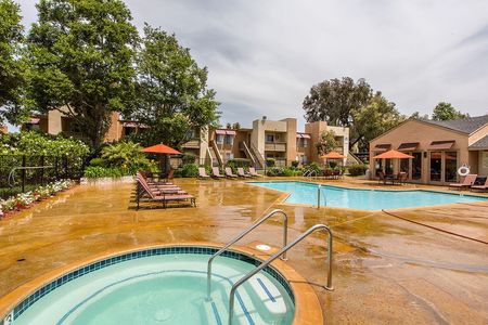 community pool and lounge area with relaxing spa