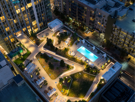 Birds eye view of pool and lounge areas