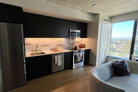 Apartments for Rent Downtown Oakland-Eleven Fifty Clay-Kitchen with Stainless Steel Appliances, Hardwood Style Flooring, Large Glass Windows, and Roller Shades