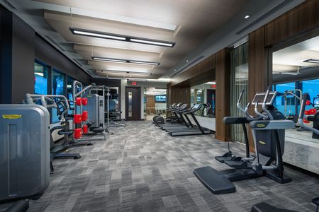 Gym with large mirrors and windows, carpeted floors, TechnoGym weight machines and cardio equipment, a Nexersys interactive smart Boxing Trainer, and a barre room with spin bikes