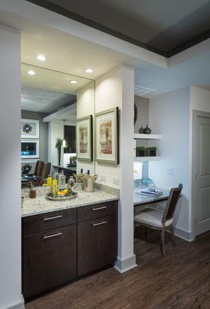 Granite-topped dry bar and built-in desk with shelves in a living space with wood-style floors and a recessed ceiling