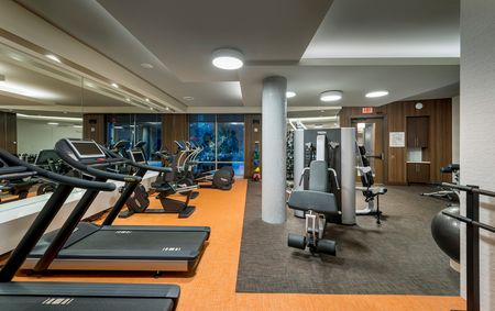 Gym with a wall of mirrors, treadmills, stationary bikes, ellipticals, weights and machines.