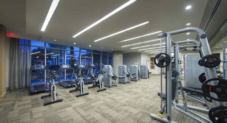 Gym with weight machines, treadmills, stationary bikes, floor-to-ceiling windows, and carpeted floors.