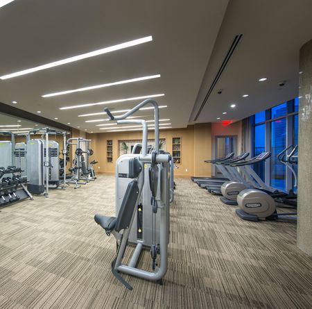 Gym with weight machines, dumbbells, treadmills, ellipticals, floor-to-ceiling windows, and carpeted floors.