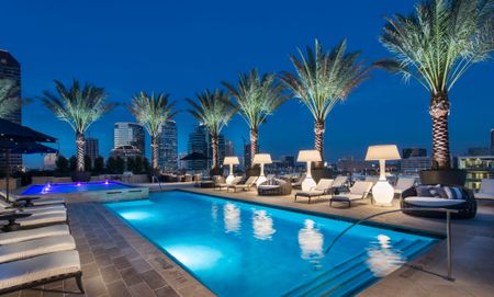 Rooftop pool deck with lounge chairs, palm trees, and a city skyline view