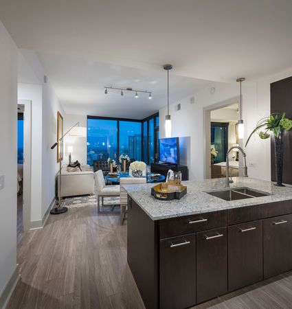Open-concept kitchen, dining, and living space with 10-ft floor-to-ceiling windows on two walls, ash-gray wood-style floors, dark modern cabinets, stainless steel appliances, granite countertops, and a spacious living area.