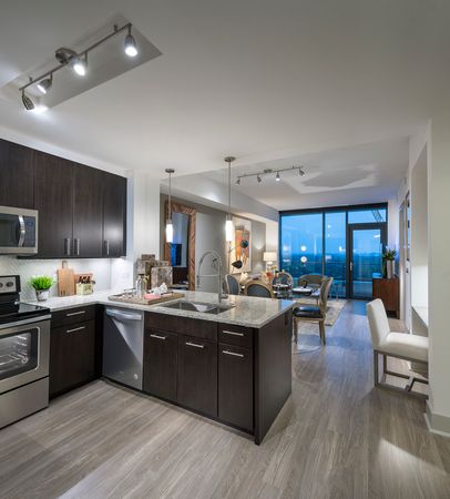 Open-concept kitchen, dining, and living space with ash-gray wood-style floors, dark modern cabinets, stainless steel appliances, granite countertops, and a spacious living area with a full-width floor-to-ceiling window.