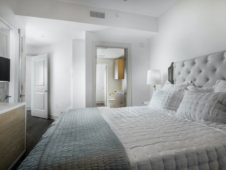 Bedroom with king-sized bed, dresser, walk-in closet, en-suite bathroom, dark wood-style floors, and white walls.