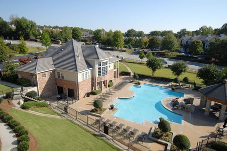 Birds eye view of community pool and clubhouse