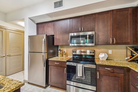 Pet-Friendly Apartments in Delray Beach - Congress Grove - Kitchen with Brown Cabinets, Granite-Style Countertops, and Appliances.