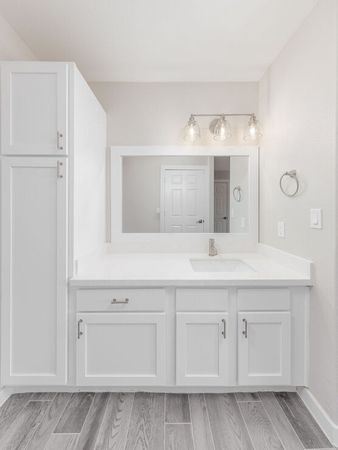 unfurnished bathroom with cabinetry and counter with mirror and sinkin apartment home