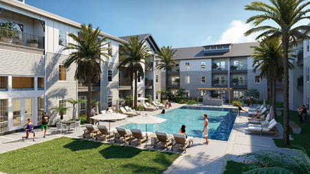 Rendering of apartment pool deck with people on sunny day