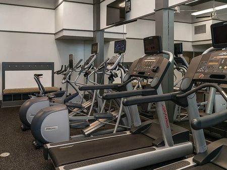 Treadmills and exercise bikes with mirrored walls.