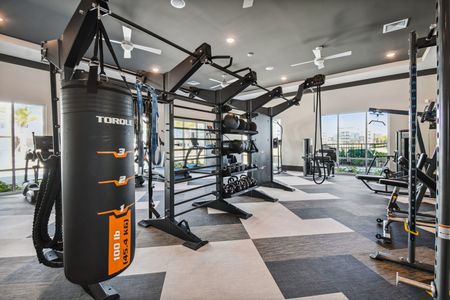 Fitness center with punching bag and free weights and machines